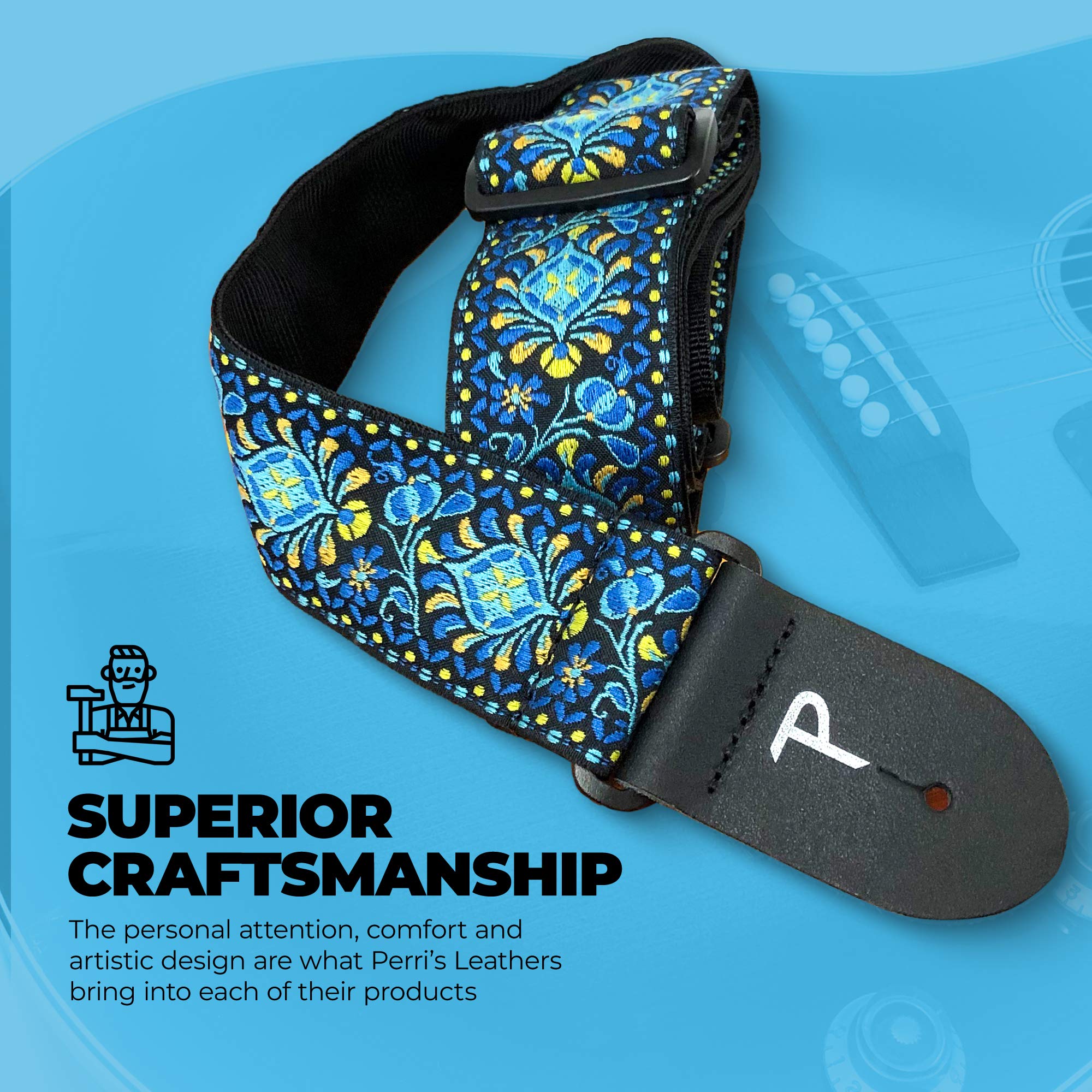 Perri's Leathers Ltd.- Guitar Strap - Nylon - Jacquard- Blue Lotus - Adjustable - for Acoustic/Bass/Electric Guitars - Made in C